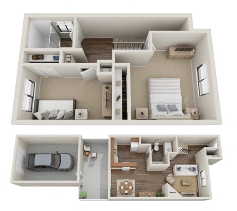 a floor plan of a two bedroom townhome at Hawks Prairie in Olympia, WA.